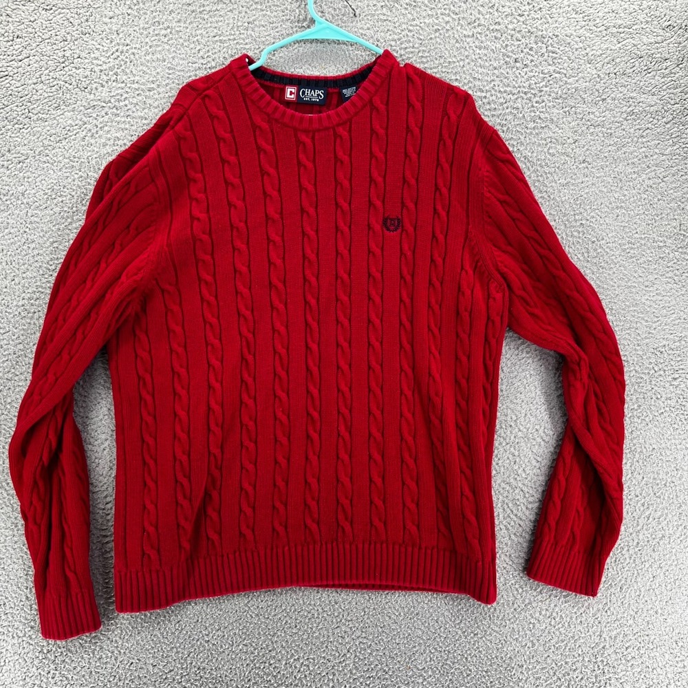 Vintage Y2k Chaps Ralph Lauren Men's Red Cotton Cable Knit Pullover Sweater XL